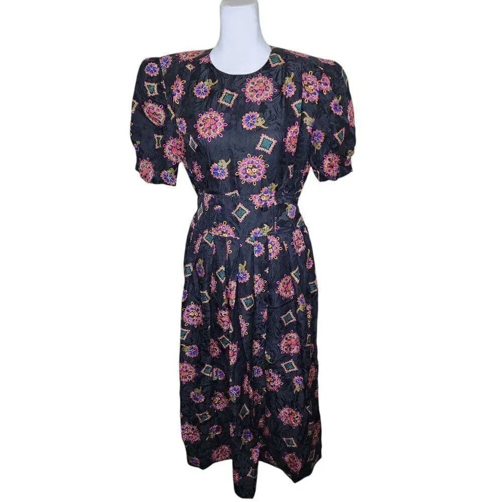Karin Stevens Vintage Silk Short Sleeve Blouson Dress Womens Size 8 Black